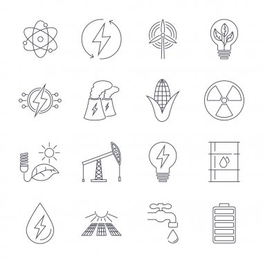 İnce çizgi Icons set. Yenilenebilir enerji, yeşil teknoloji için simgeler