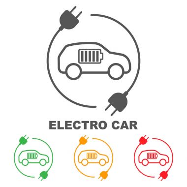 Elektrikli arabalar, simgelerin vektör. Elektrikli araç yan görünüm. Elektrikli Araba pil seviyesi göstergesi