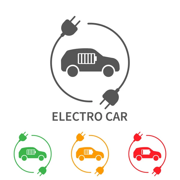 Iconos de coches eléctricos, vector. Vista lateral del vehículo eléctrico. La indicación del nivel de batería en el coche eléctrico — Archivo Imágenes Vectoriales