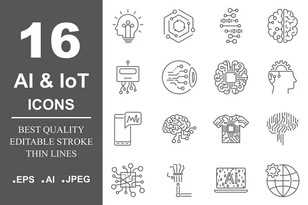Enkel uppsättning artificiell intelligens relaterad rad ikoner innehåller sådana ikoner som droid, öga, chip, hjärnan. Redigerbara Stroke. — Stock vektor