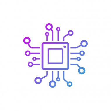 Mikroçip satırı simgesi. CPU, merkezi işlem birimi, bilgisayar işlemci, yonga simgesi daire içinde. Soyut teknoloji logosunu görmeniz gerekir. Basit yuvarlak simge siyah arka plan üzerine izole. Yaratıcı modern vektör logosu