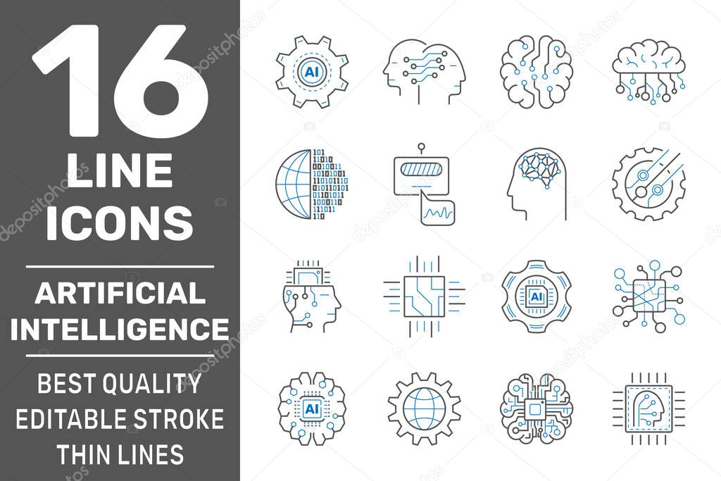 Artificial Intelligence Vector Line Icons Set. Cyber Brain, Face Recognition, Android, Humanoid Robot, Thinking Machine. Editable Stroke. EPS 10