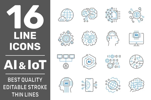 Kunstmatige Intelligentie en veel dunne pictogrammen ingesteld. Ai, veel, veel, veel, fabriek 4.0. Binary Code, Robot, Microchip, Smart Brain en andere iconen. Bewerkbare Stroke. Eps 10 — Stockvector