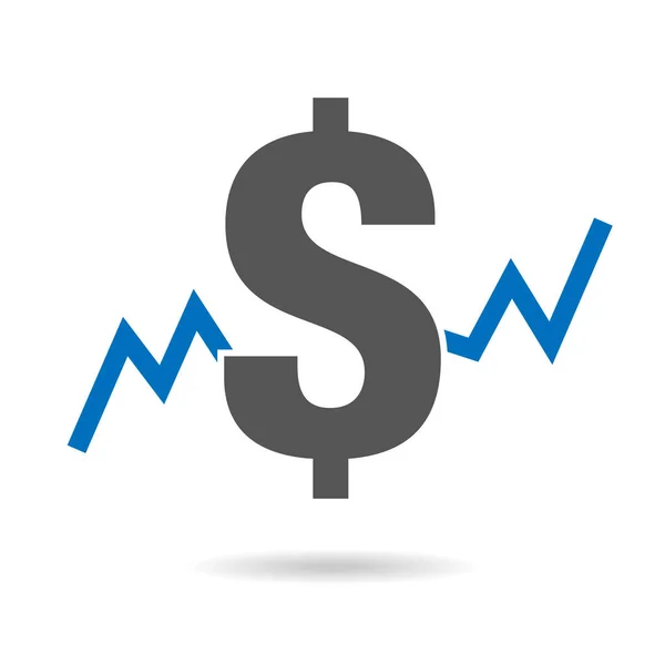 Vektor-Symbol eines Diagramms der steigenden und fallenden Währung des Dollars. Grafik zeigt ein Auf und Ab und ein US-Dollar-Zeichen. — Stockvektor