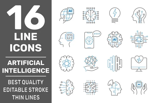 Machine learning en kunstmatige intelligentie pictogrammen ingesteld. Deep learning neuraal netwerk concept. Bewerkbare Stroke. Eps 10 — Stockvector