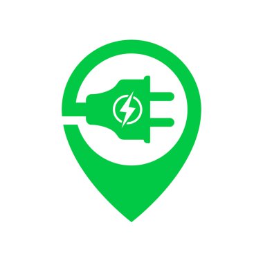 Elektrik araba şarj istasyonunun logosu, içinde konum noktası sembolü olan bir buji. Yeşil şarj noktası logosu. Vektör çizimi. Eps 10