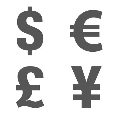 Para birimi simgesi seti. Para işareti. Euro, Dolar, Yen, Pound. Vektör çizimi. Düz stil. Eps 10