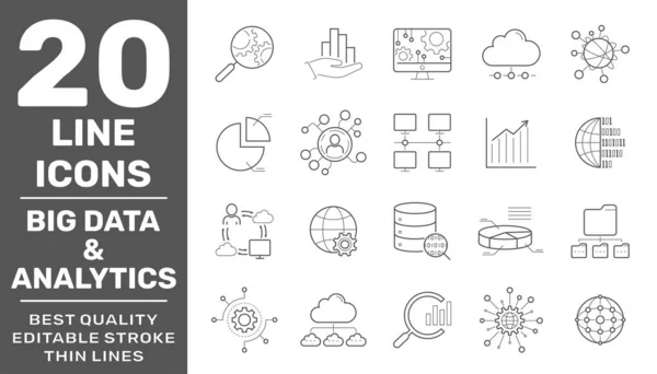Big Data, Database analytics, information technology, digital processign icons lines set isolated vector illustration. Ictus modificabile. EPS 10 — Vettoriale Stock