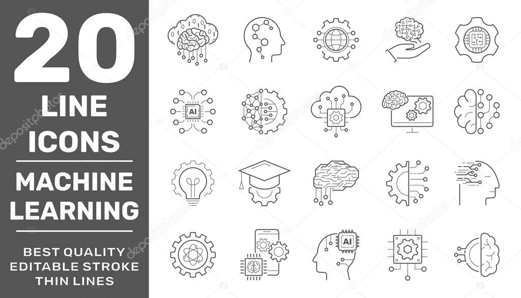Artificial Intelligence and Internet Of Things Vector Line Icons Set. Voice Recognition, Android, Humanoid Robot, Thinking Machine. Editable Stroke. EPS 10