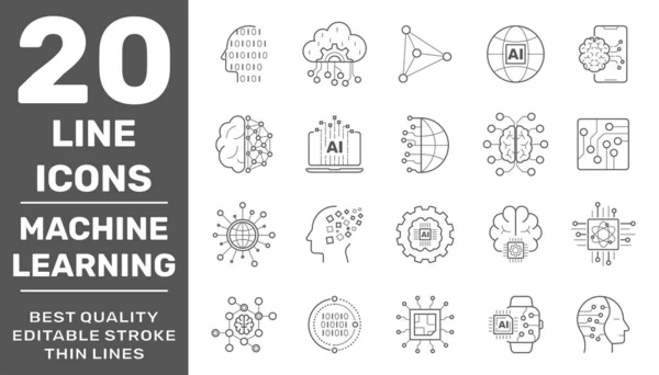 Artificial Intelligence, Modern Technology and Machine Learning icons. Included the icons as ai, iot, digital brain, robot, robotic, machine learning and more. Editable Stroke. EPS 10