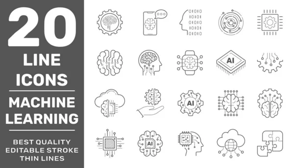 Linear icon set of Data science technology and machine learning process. Editable Stroke. EPS 10 — Stock vektor