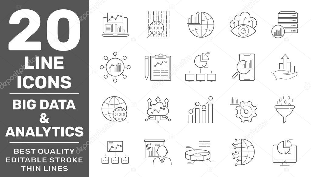 Set of Data Analysis and Big Data Related Vector Line Icons. Contains such Icons as Graphs, Traffic Analysis, Big Data, Data science technology and more. Editable Stroke. EPS 10