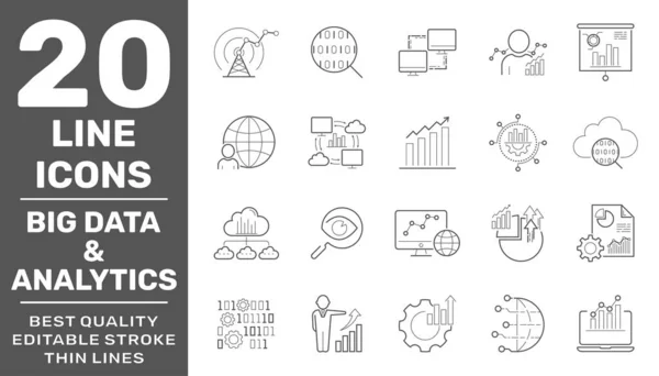 Big data and analytics icons set. Contain icons as Chart, Report document, Graph Data analytics, Presentation chart and Communication, Global Statistics, Checklist report. Editable Stroke. EPS 10 — 스톡 벡터