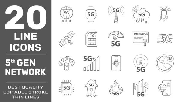 Ensemble d'icônes de ligne Internet 5G. Internet mobile sécurité sans fil 5g signal télécommunication nouvelles technologies symboles vectoriels. Un AVC modifiable. SPE 10 — Image vectorielle