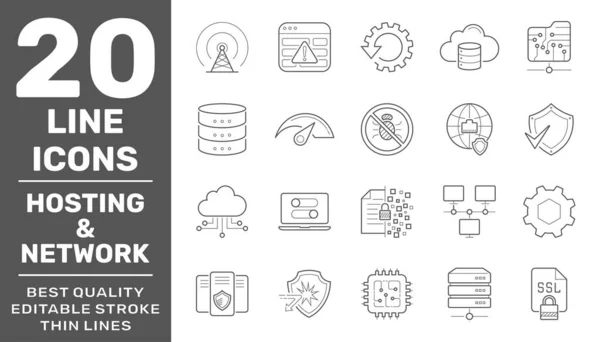 Network Hosting and Servers line vector Icons (em inglês). Curso Editável. EPS 10 —  Vetores de Stock