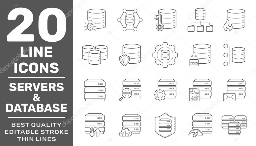 Collection of Servers and Database liner icons. Detailed vector icons. Servers, databases, network devices and cloud computing concept. Editable Stroke. EPS 10