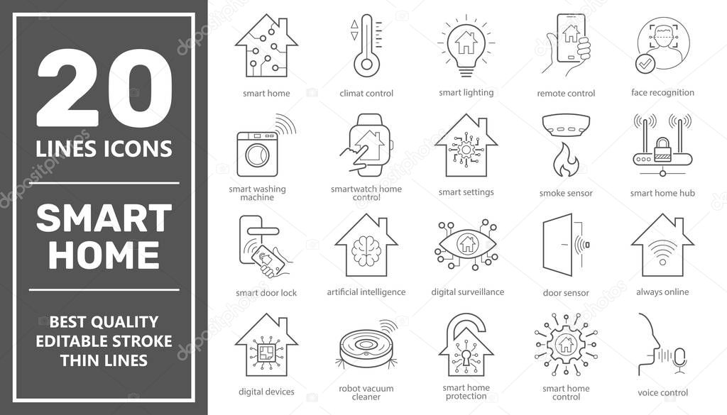 Smart Home vector line icons set. Smart systems and digital technology. Elements for mobile concepts and web apps. Collection modern infographic icons and pictograms. Editable Stroke. EPS 10