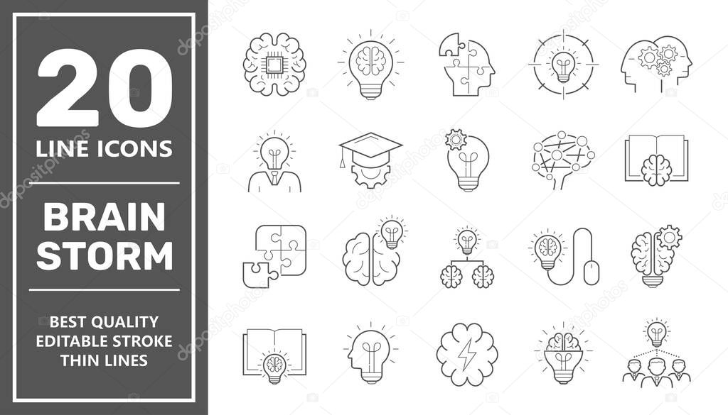 Brainstorming line icons set. Set of brainstorm icons such as Artificial light, brain, lightbulb, creativity, brainstorming, brain, creativity, novel idea, brainstorm. Editable Stroke. EPS 10.