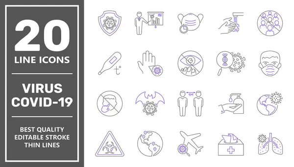 Coronavirus lijn icoon ingesteld. Coronavirus bescherming gerelateerde vectorlijn pictogrammen. Iconen zijn opgenomen, zoals covid-19 virus, gezicht schild, incidentie statistieken, voorzorgsmaatregelen, virus onderzoek en nog veel meer. EPS 10. — Stockvector