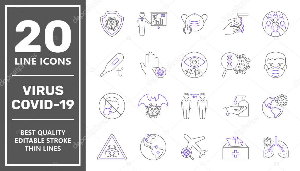 Coronavirus line icon set. Coronavirus Protection Related Vector Line Icons. Icons are included such as covid-19 virus, face shield, incidence statistics, precautions, virus research and more. EPS 10.