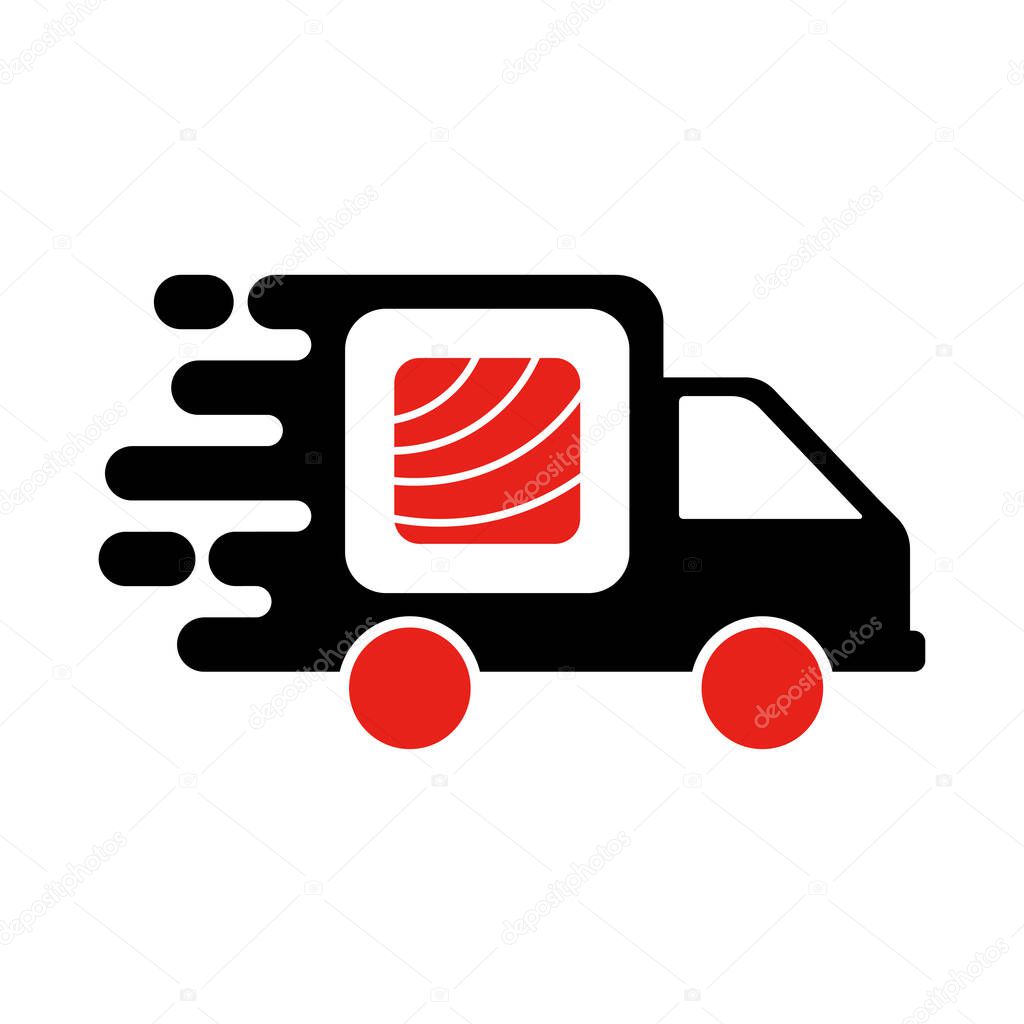 Sushi delivery logo template. Vector illustration Sushi roll sign by car, symbolizes the fast delivery. EPS 10.