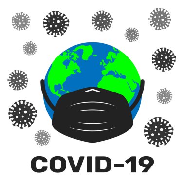 Tıbbi maske takan Dünya gezegeni bir beyazın üzerindeki virüs ve bakterilerle çevrilidir. Covid-19 konsepti. EPS 10.