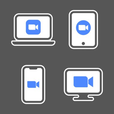Mavi kamera simgeleri - Telefon, laptop, masaüstü ve tablet pc konferans video görüşmeleri için canlı ortam yayın uygulaması. EPS 10