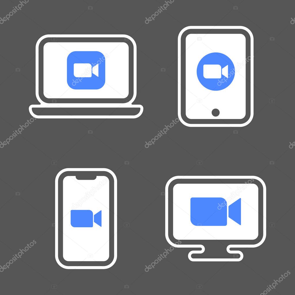 Blue camera icons - Live media streaming application for the phone, laptop, desktop and tablet pc conference video calls. EPS 10