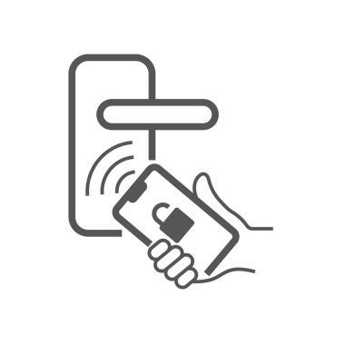 Akıllı telefonla açılan dijital akıllı kapı kilidi. Kapıyı açmak için akıllı telefondan. Çizgi vektör simgesi. EPS 10.