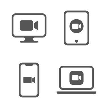 Kamera simgeleri - Telefon, laptop, masaüstü ve tablet bilgisayar için canlı medya yayın uygulaması, konferans videoları. EPS 10