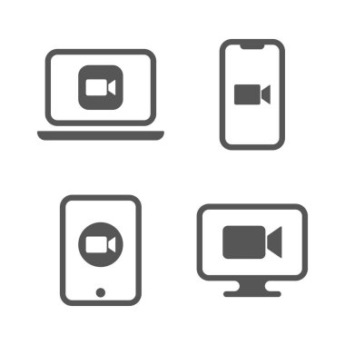 Kamera simgeleri - Telefon, laptop, masaüstü ve tablet bilgisayar için canlı medya yayın uygulaması, konferans videoları. EPS 10