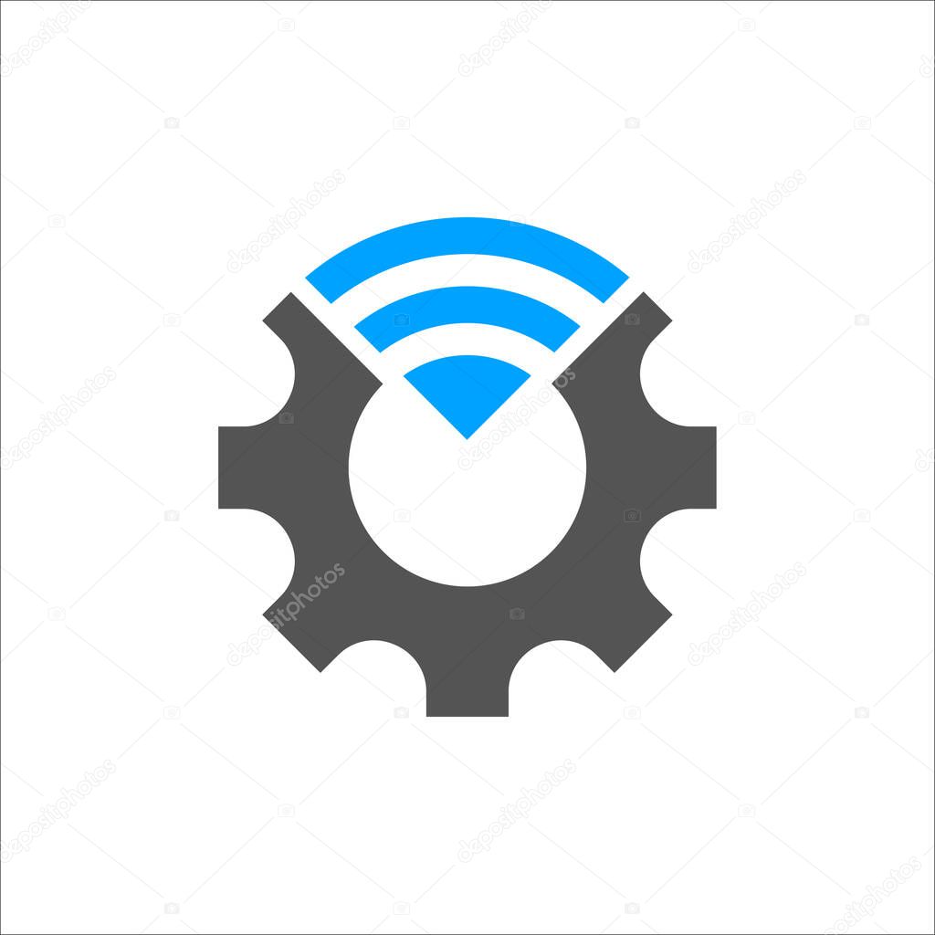 Industry 4.0 vector illustration. Cogwheel and blue conection icon. Manufacturing technology revolution with digital system. EPS 10.