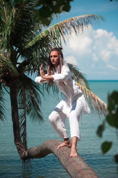 Bonito homem está praticando qigong em uma palmeira — Fotografia de Stock