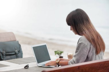 Kafede dizüstü bilgisayar kullanan mutlu kadın.