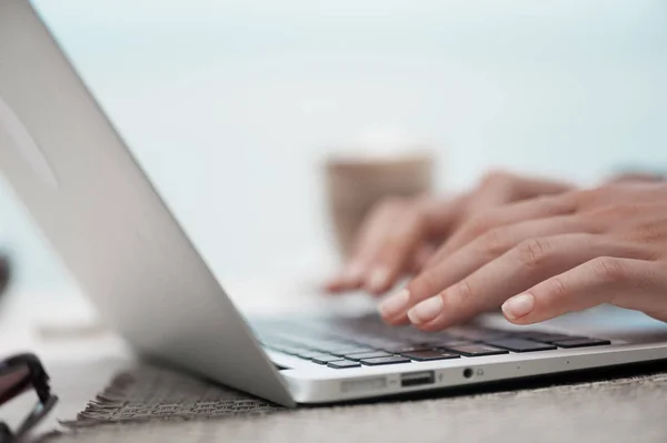 Happy woman using laptop at cafe. Close-up view