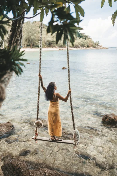 Brunette Girl Yellow Dress Swing Beach Thailand — Stock Photo, Image