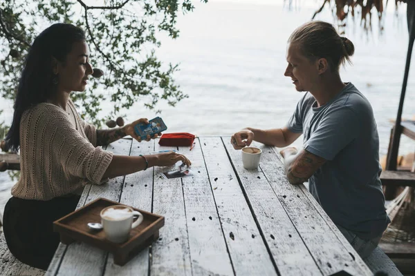 Woman Reading Tarot Cards Beach Outdoors — Stock Photo, Image