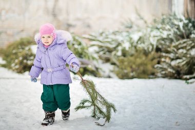 küçük çocuk kırmızı vagon ile Noel ağacı taşır. Çocuk bir Noel ağacı seçer.