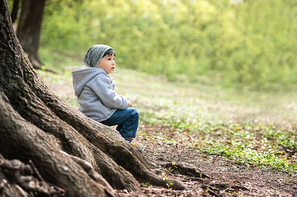 幸せな笑みを浮かべて少年は木の根の上に座っているし、リスのナットの呼び出しをノック — ストック写真