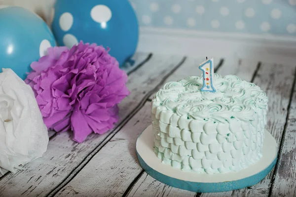 cake for the first birthday. Scenery. Birthday cake in blue color.