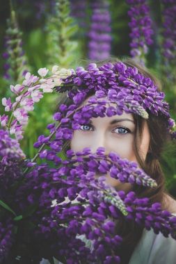 Lupine buket günbatımında sahada tutan ultra mor ve beyaz elbiseli güzel genç kadın. Doğa ve aşk kavramı. 
