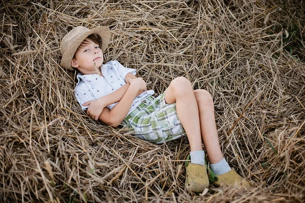 ドライ フィールドで幸せな子 夏気分 干し草のスタックの少年 — ストック写真