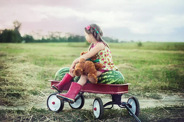Ευτυχισμένος Κορίτσι Κόκκινο Βαγόνι Γεμάτο Φρούτα Καρπούζι — Φωτογραφία Αρχείου