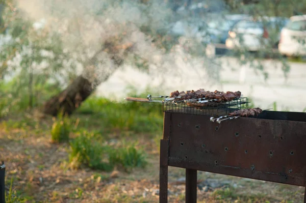 Zbliżenie Soczyste Plastry Wołowiny Grill Węgiel Drzewny — Zdjęcie stockowe