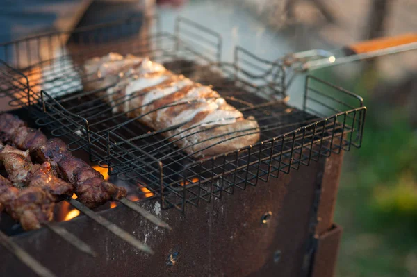 Primo Piano Fette Succose Carne Manzo Alla Griglia Sul Carbone — Foto Stock