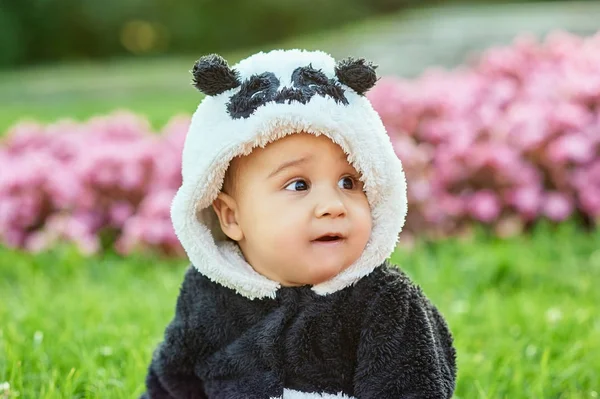 Bebê vestindo Panda urso terno — Fotografia de Stock