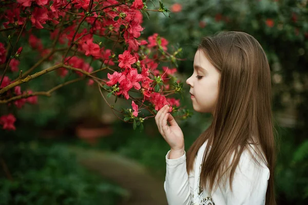 Fata sniffing flori de azaleas — Fotografie, imagine de stoc