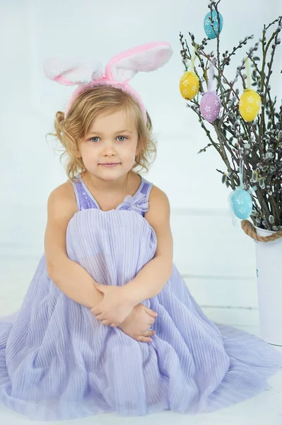 Full Length Portrait Cute Little Girl Wearing Funny Pink Bunny — Stock Photo, Image
