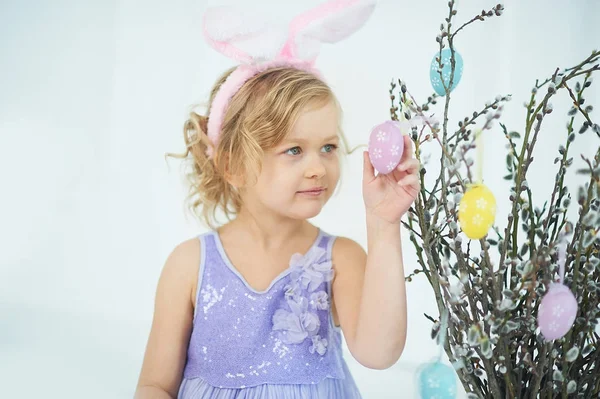 Portrait Cute Little Girl Wearing Funny Pink Bunny Ears Sitting — Stock Photo, Image