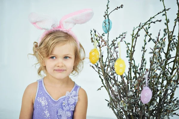 Portrait Cute Little Girl Wearing Funny Pink Bunny Ears Sitting — Stock Photo, Image